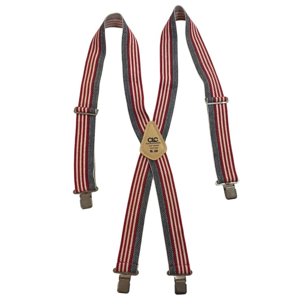 Red White & Blue Striped Suspenders Custom Leather Craft Adjustable‎ Metal Clips